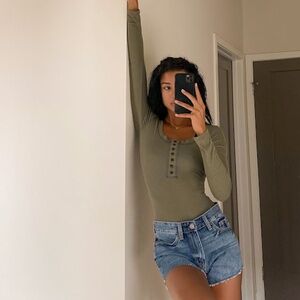 Lulus Simply The Best Olive Green Long Sleeve Button-front Bodysuit - Size M